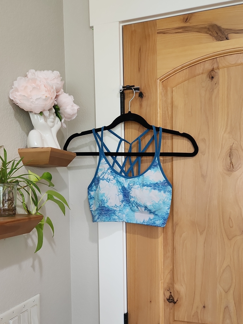 Blue Tie-Dye Strappy Sports Bra with Crisscross Back